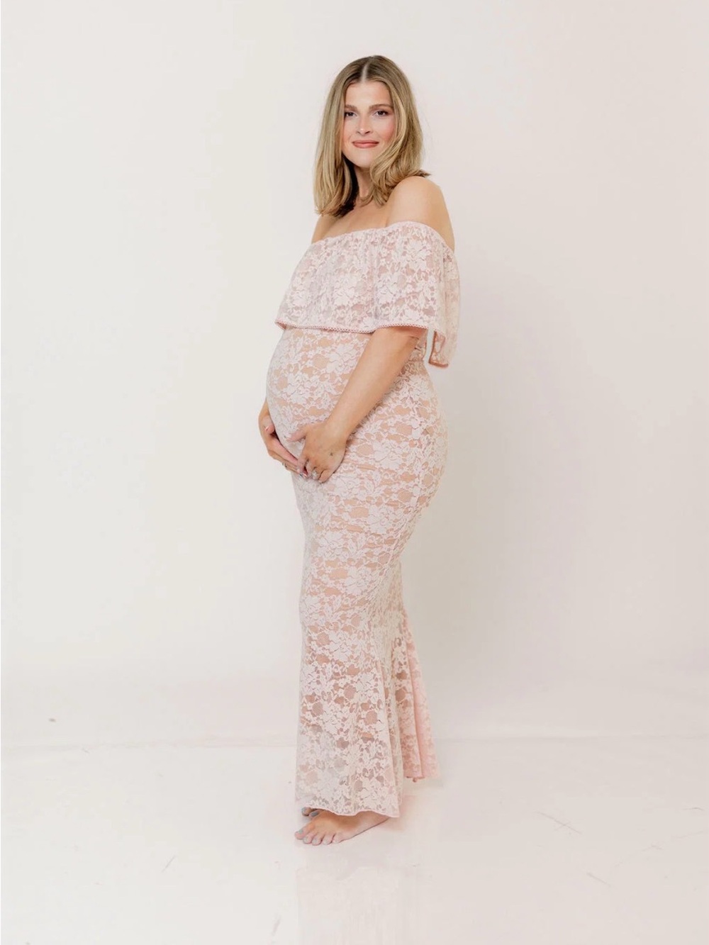Off-Shoulder Blush Lace Maxi Maternity Dress